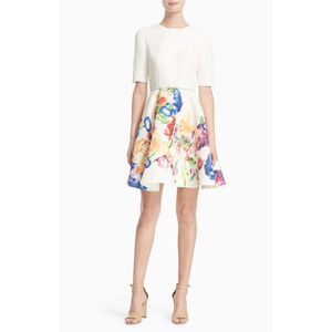 TED BAKER LONDON "Tutsi" Women Size US 12 Ivory Floral Belted Short Sleeve Dress